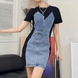 Summer New Fashion Vintage Denim Patchwork Bodycon Dress Ladies Short Sleeve Slim Back Slit Elegant Robe Women's Casual Vestidos