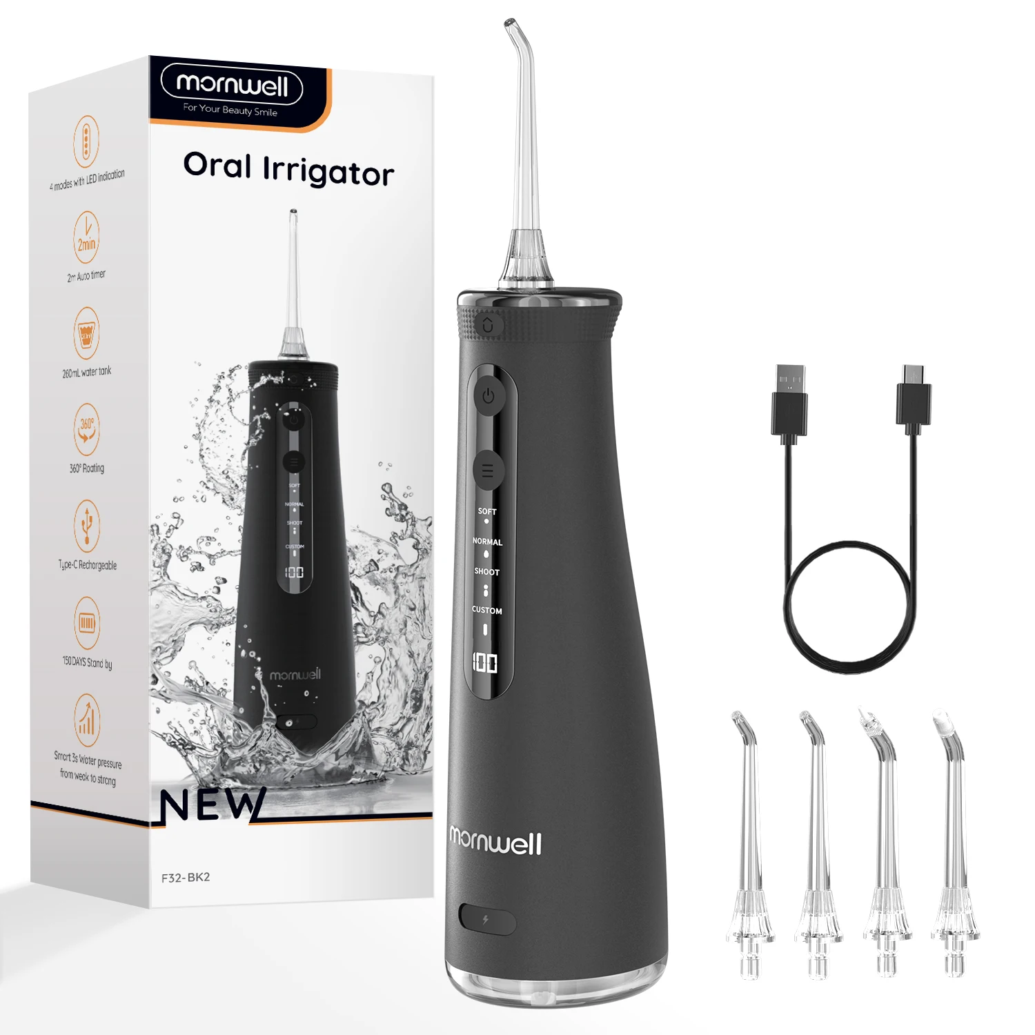 Mornwell F32 Sonic Wasserflosser, 260ML kabelloser Munddusche mit Wasserstrahl, wiederaufladbarer Zahnreiniger für Zuhause und Reisen, tragbares Zahnflossgerät für Tiefenreinigung, Plaqueentfernung,