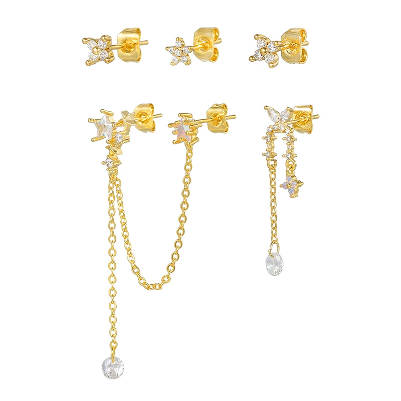 5 قطعة فاخرة مطلية بالذهب ستار سلسلة استرخى أقراط للنساء تشيكوسلوفاكيا زركونيا ثقب وأقراط امرأة مجوهرات الأزياء بالجملة