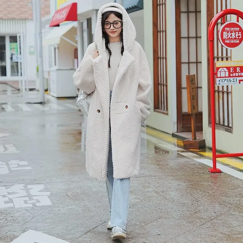 

Long Faux Fur Coat Fluffy Jacket Winter Women's Clothing Lamb's Wool Hooded Coat Luxury Design Warmth Thick Buttons Long Sleeve