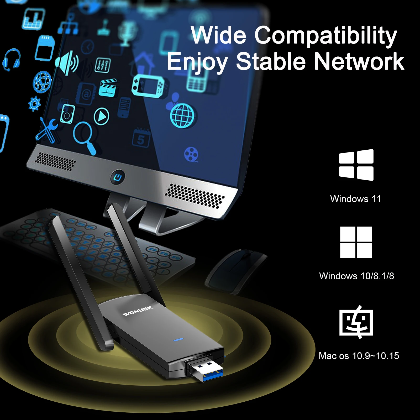 USB 3.0ドングルwifiアダプター,1300mbps,5ghz,2g,rtl8812bu,2 * 2dbi, 650mbps,PCアンテナ