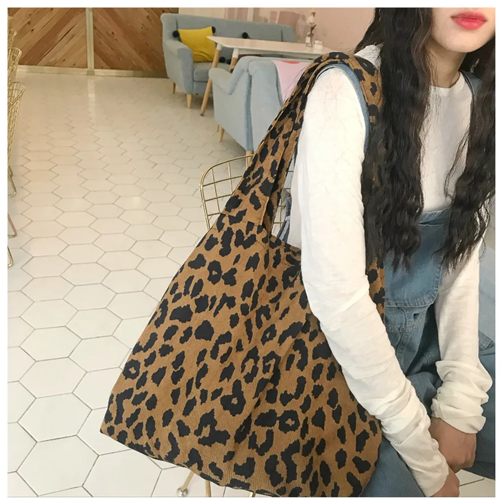 Fashion Women Large Corduroy Shoulder Bag Shopper Handbag Leopard Print Tote Bag