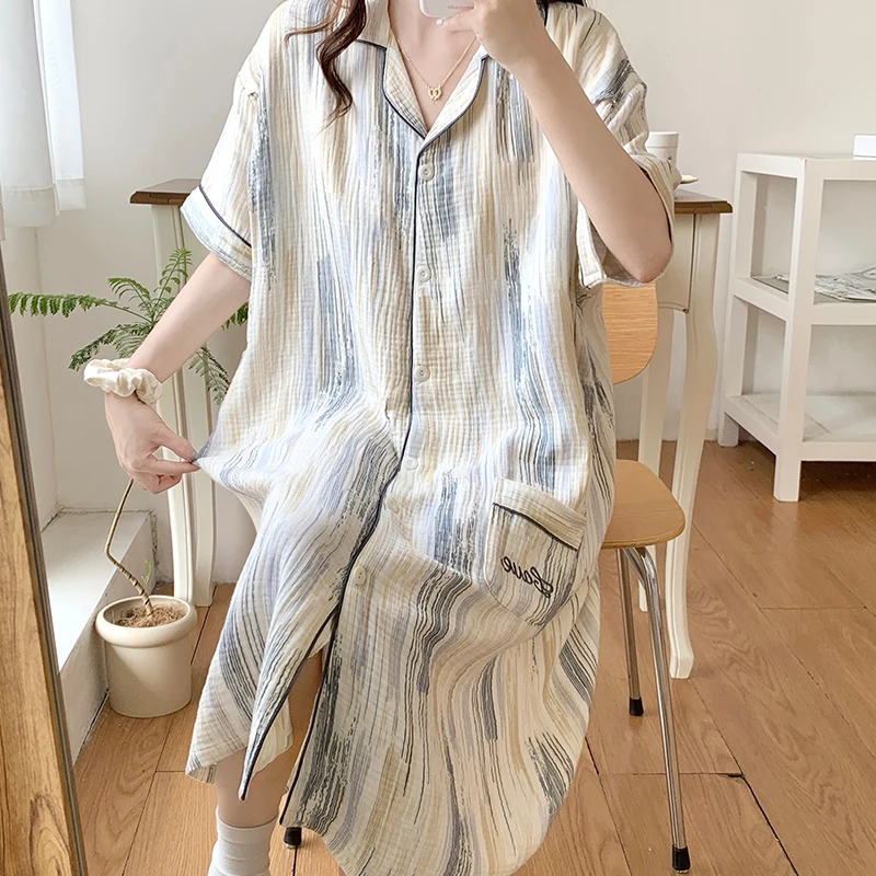 

100% Cotton Double Gauze Nursing Night Dress for Maternity Summer Sweet Loose Printed Sleepwear for Pregnant Women Home Hospital