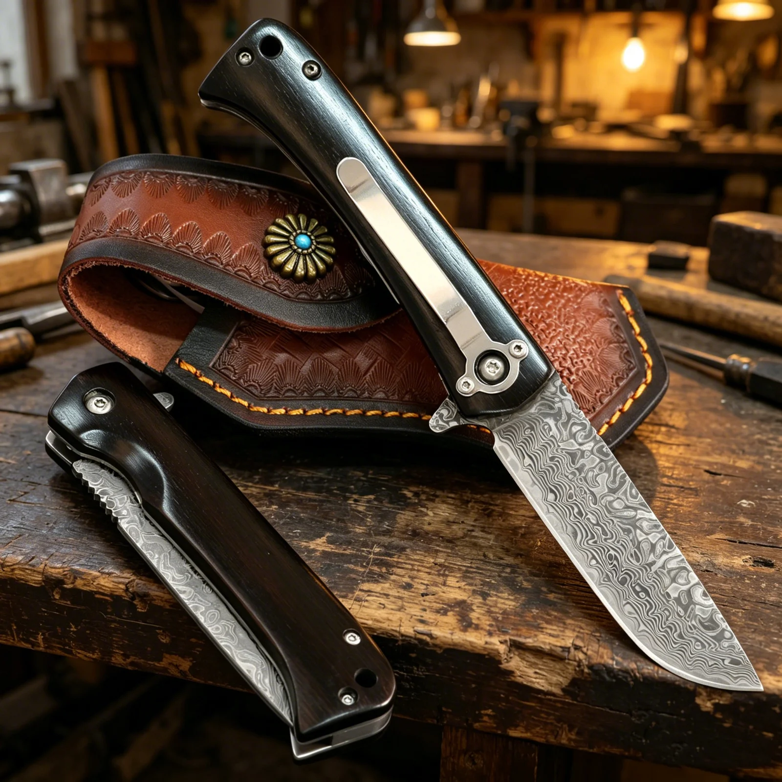 Damast-Klappmesser – EDC-Taschenmesser, Einhandbedienung, Tragbares Outdoor-Messer; Geeignet für Camping, Wandern, Angeln und als Geschenk für den Urlaub