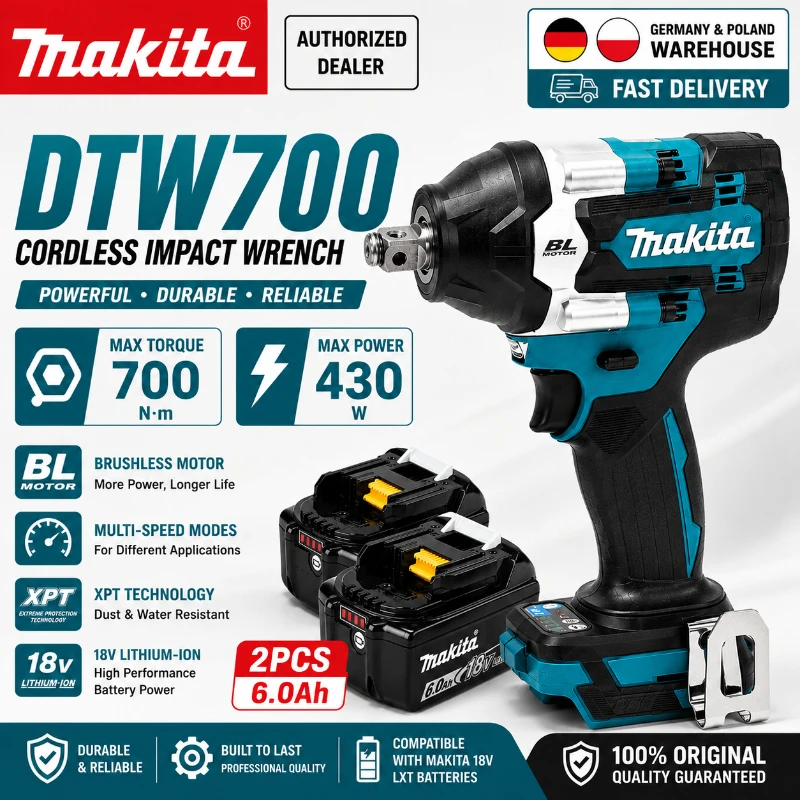 Original Makita DTW700 Bürstenloser Akku-Schlagschrauber 18V 700Nm Elektrischer Schlagschrauber mit hohem Drehmoment, variabler Geschwindigkeit, Auto-Stopp-Funktion, 1/2-Zoll-Antrieb, kompatibel mit