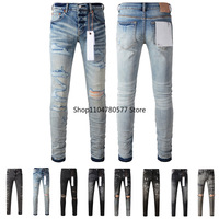 High Street Distressed Vintage Men's Jeans Low Rise Stretch Skinny Button Fly Ripped Hold Pants