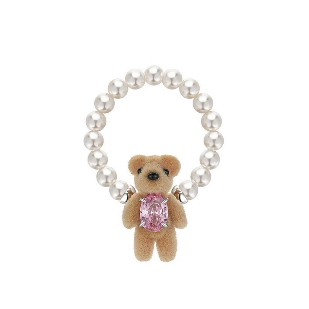 Niko Flocking  Bear Pearl Ring Women's Luxury Cute Ring High-End Feeling Jewelry Birthday Gift  out Fashion Accessories
