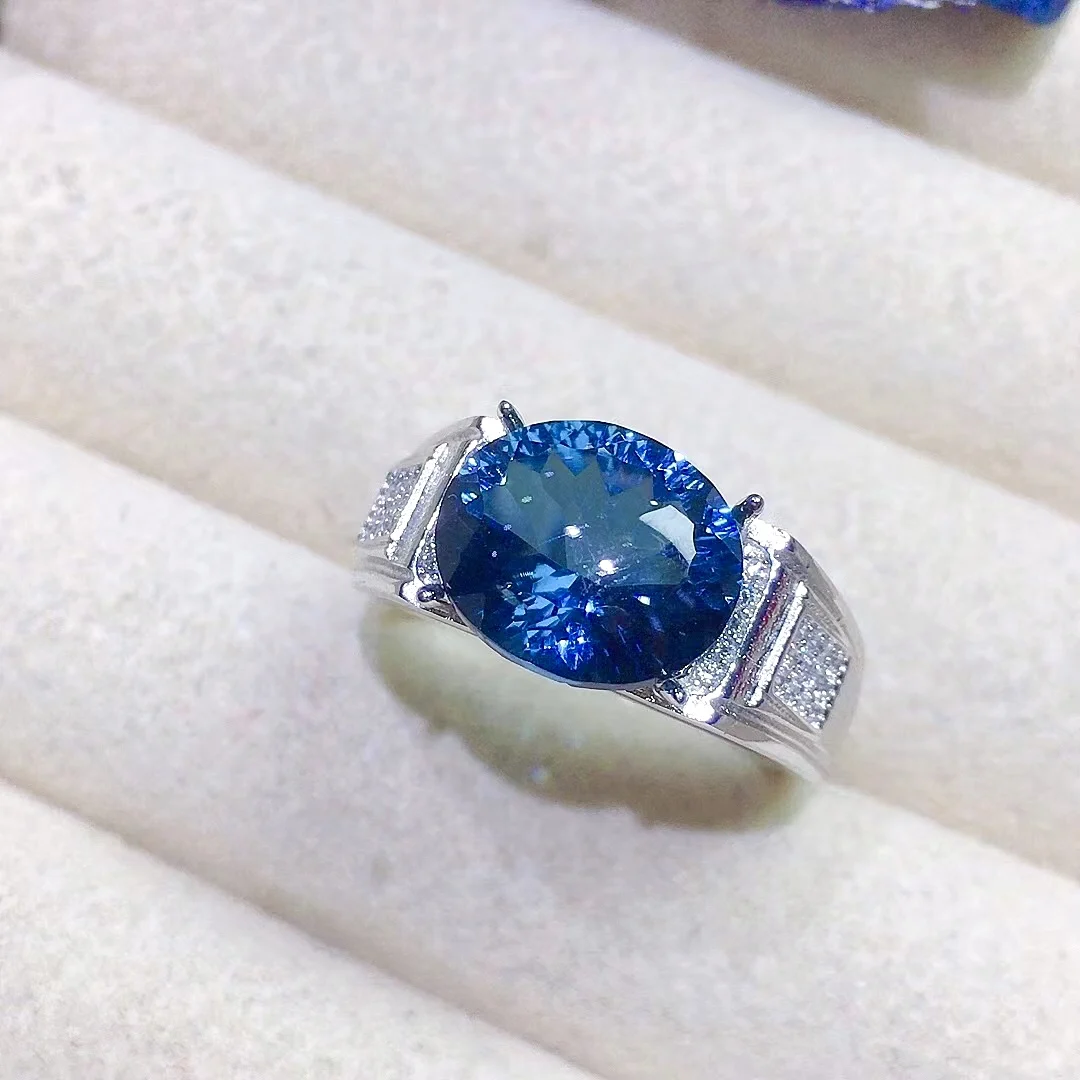 

Luxury Man Topaz Ring 10mm*12mm 5ct Natural London Blue Topaz Silver Ring for Man 3 Layers 18K Gold Plating No Fading