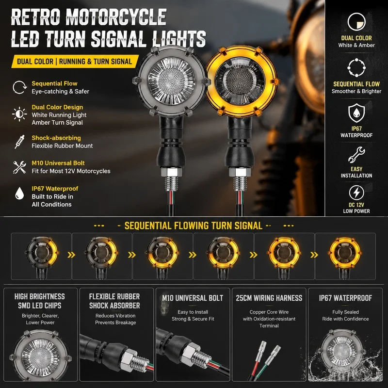 Super Bright LED Turn Signal 102mm x 55mm x 56mm M10 Bolt 12V Dual Color Sequential Flowing Blinker for Motorcycle