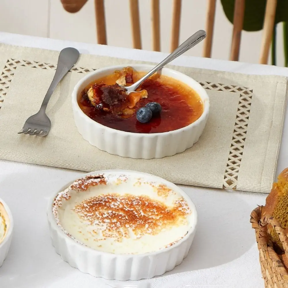

6pcs Mini Ceramic Creme Brulee Ramekins Shallow White Tart Baking Pan Round Steamed Egg Dishes Bakery