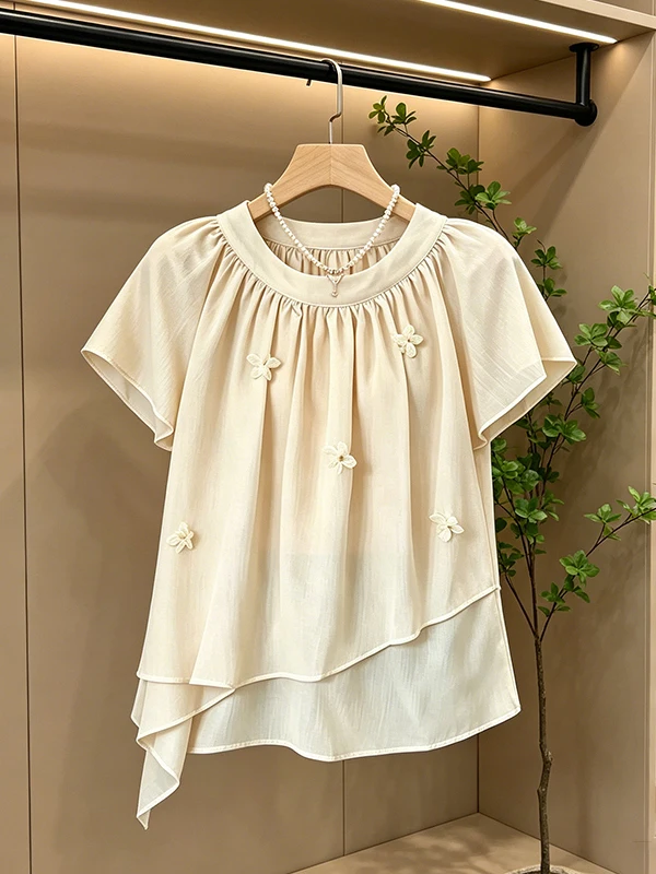 

Loose Korean Style Women's Summer Shirt Breathable Oversize Fluffy Sleeve Chiffon Top Slimming Airy Young-looking Top