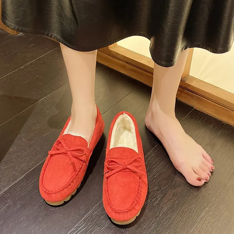 Casual Woman Shoe Loafers With Fur Shallow Mouth Female Footwear Modis Round Toe Bow-Knot Slip-on Winter Moccasin Dress 2022 Big