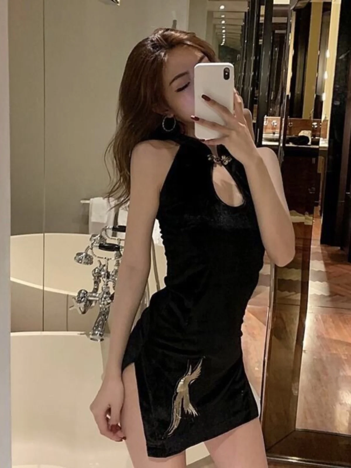 

Summer 2026 Sexy Black Slimming Modified Bodycon Short Skirt Split Dress Women's Fashion Retro Pure Color Polyester...