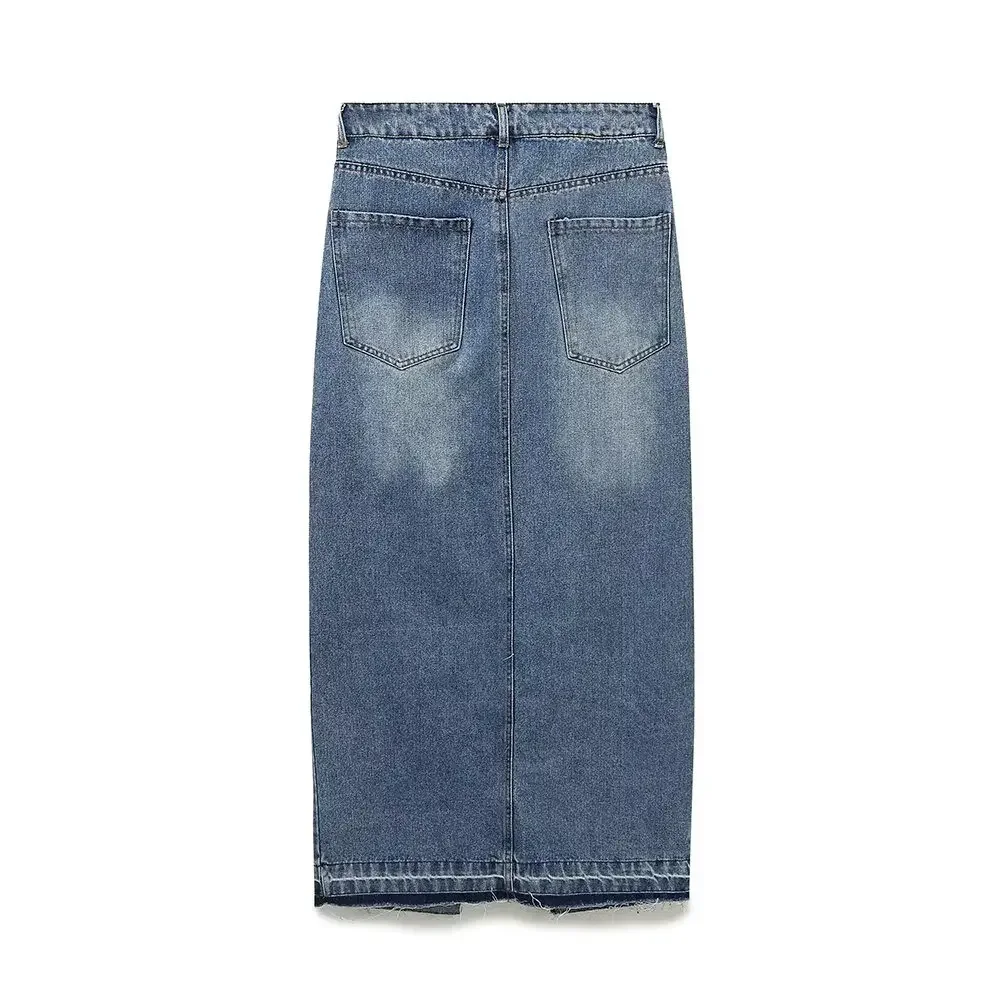 Saia midi denim feminino com fenda frontal, saia midi, retro, brincalhão, longo, bolso, cintura alta, nova moda, primavera, 2022