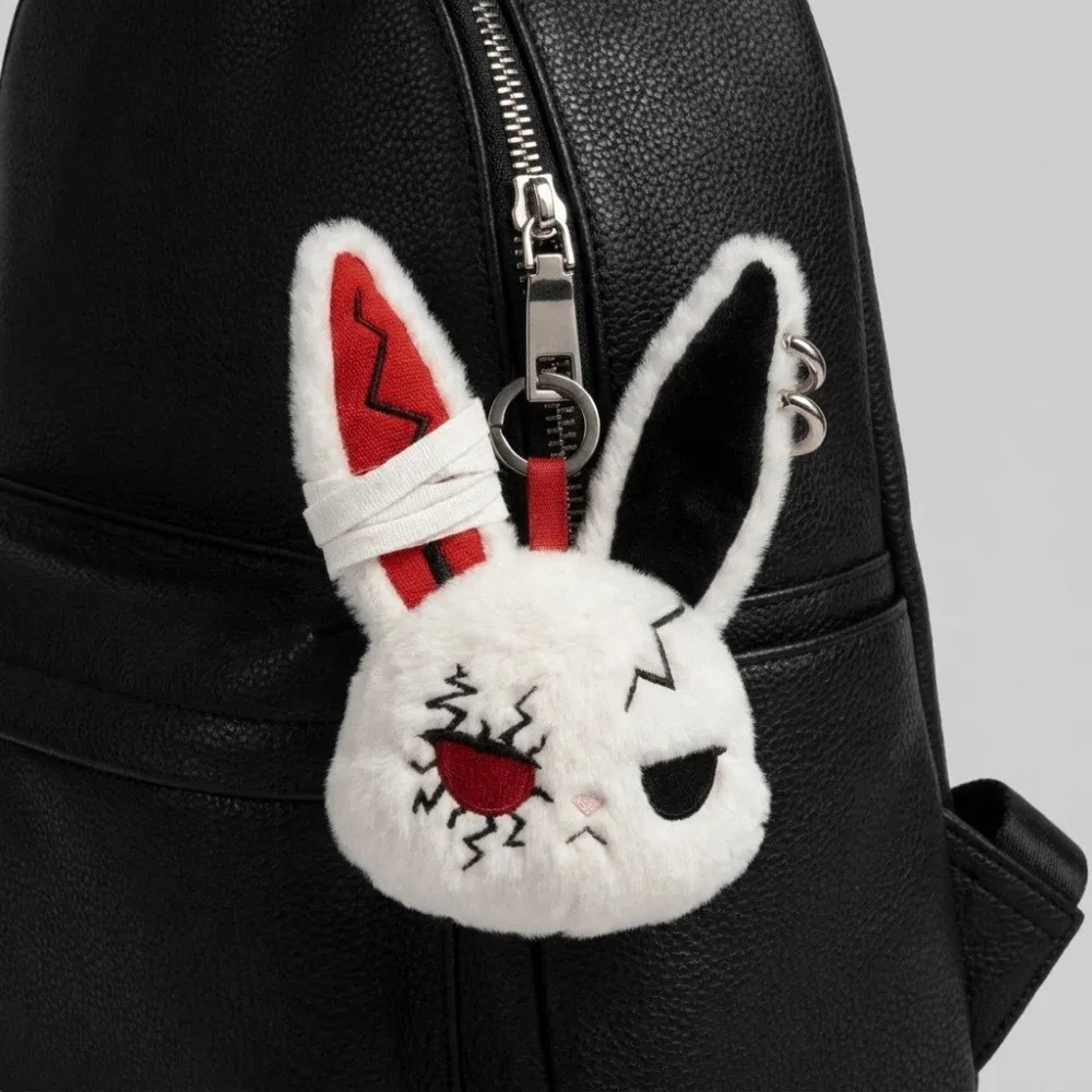 PP Cotton Bunny Keychain Gothic Hoop Earrings Wounded Rabbit Keyring Dark Style Animal Cute Furry Bag Pendant Gift For Women