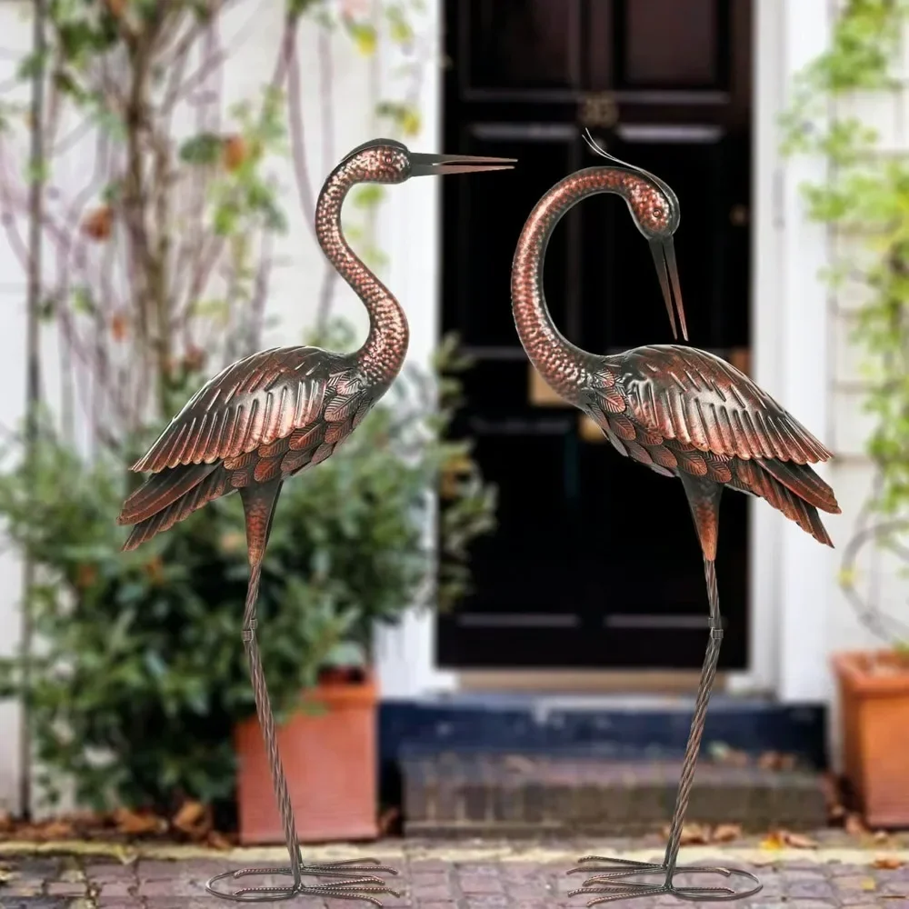 Garden sculpture heron bait large-sized metal bird yard art standing retro brass lawn decoration outdoor decoration 2-piece set