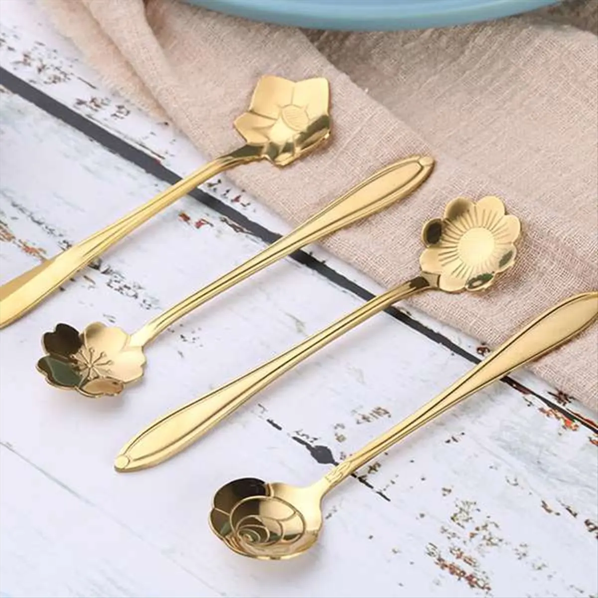 4Pcs Cute Stainless Steel Flower Teaspoon Dessert Coffee Spoon Golden Rose Spoon-TCES