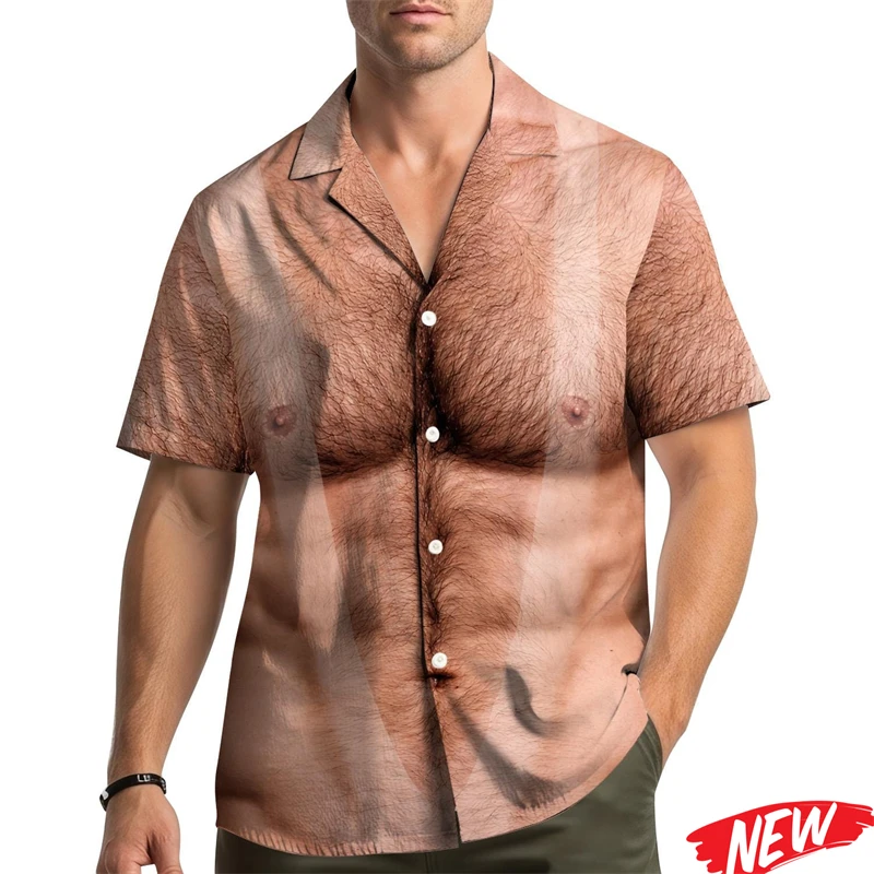 Novelty Shirts Fashion Muscle Chest Body Hair 3D Illusion Printed Loose Casual Short Sleeve Lapel Tops Funny Gift Men Clothes