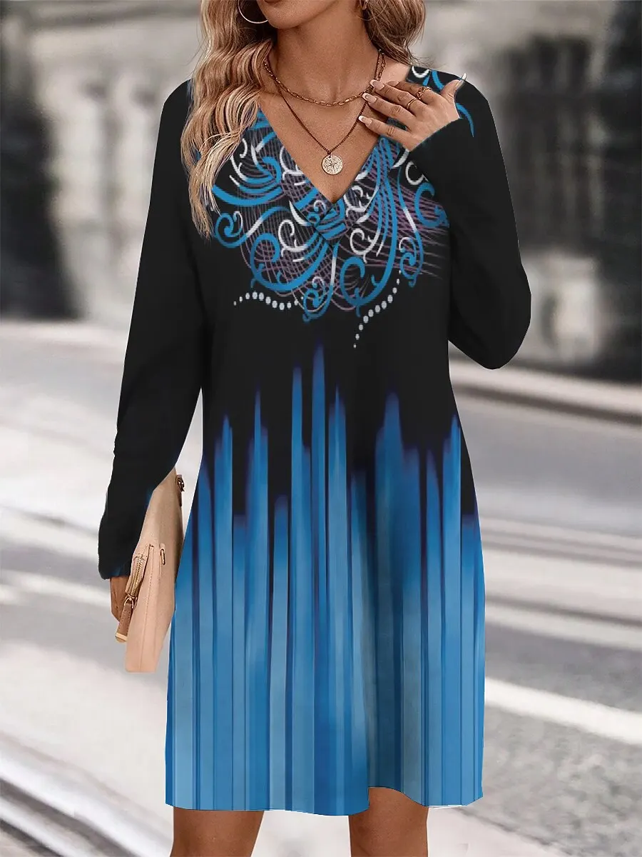 New Autumn Women V-Neck Loose A-Line Dress Fashion Gradient Striped Printed Long Sleeve Casual Party Elegant Dresses Plus Size