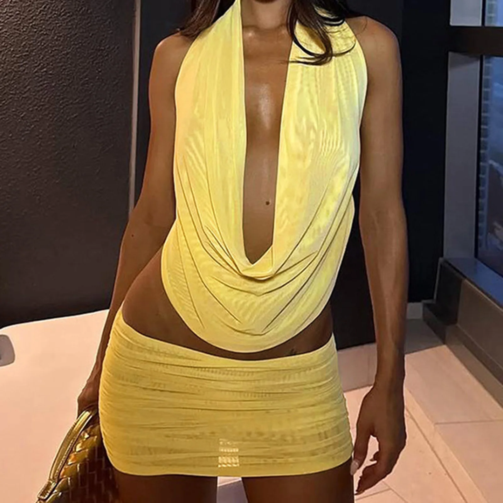 Dourbesty Sexy Sheer Mesh Swinging Pleated 2 Piece Set Summer Solid Halter Backless Crop Tops Mini Skirts Rave Club Party Outfit - Image 4