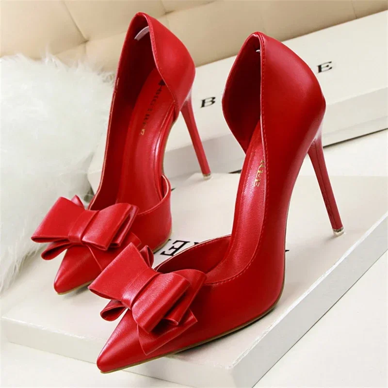 Spring Party Elegant Pink Butterfly-Knot High Heels Women Fashion Wedding Dress Pumps Side Hollowed Stiletto Shoes