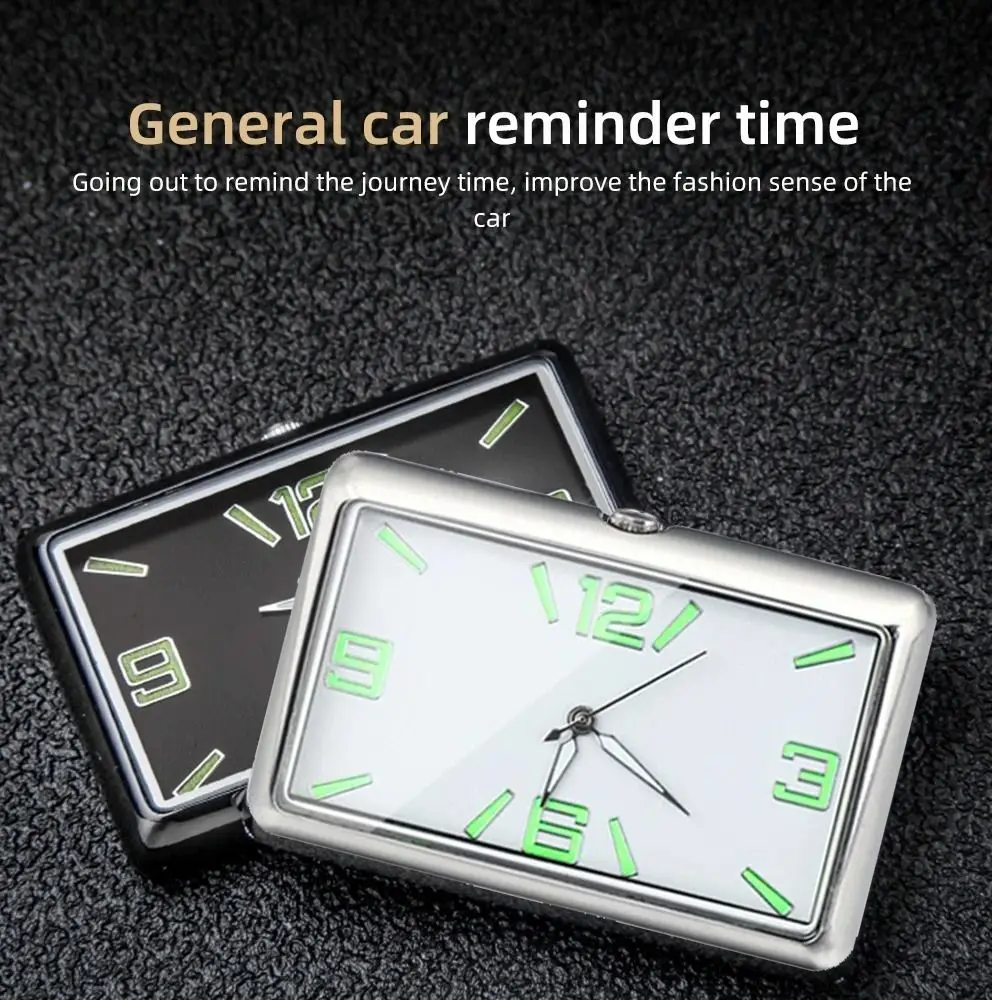 Plated Metal Car Dashboard Clock Mini Square Self-adhesive Quartz Clock Luminous Stick-On Luminous Hands Watch Auto Accessories