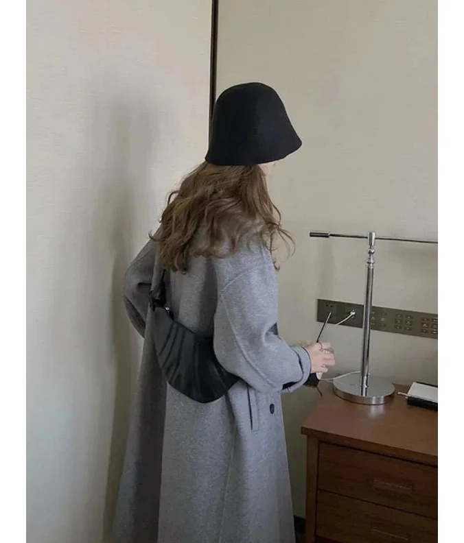 Estilo coreano cinza dupla face cashmere casaco de lã feminino comprimento médio outono inverno nova moda tamanho pequeno