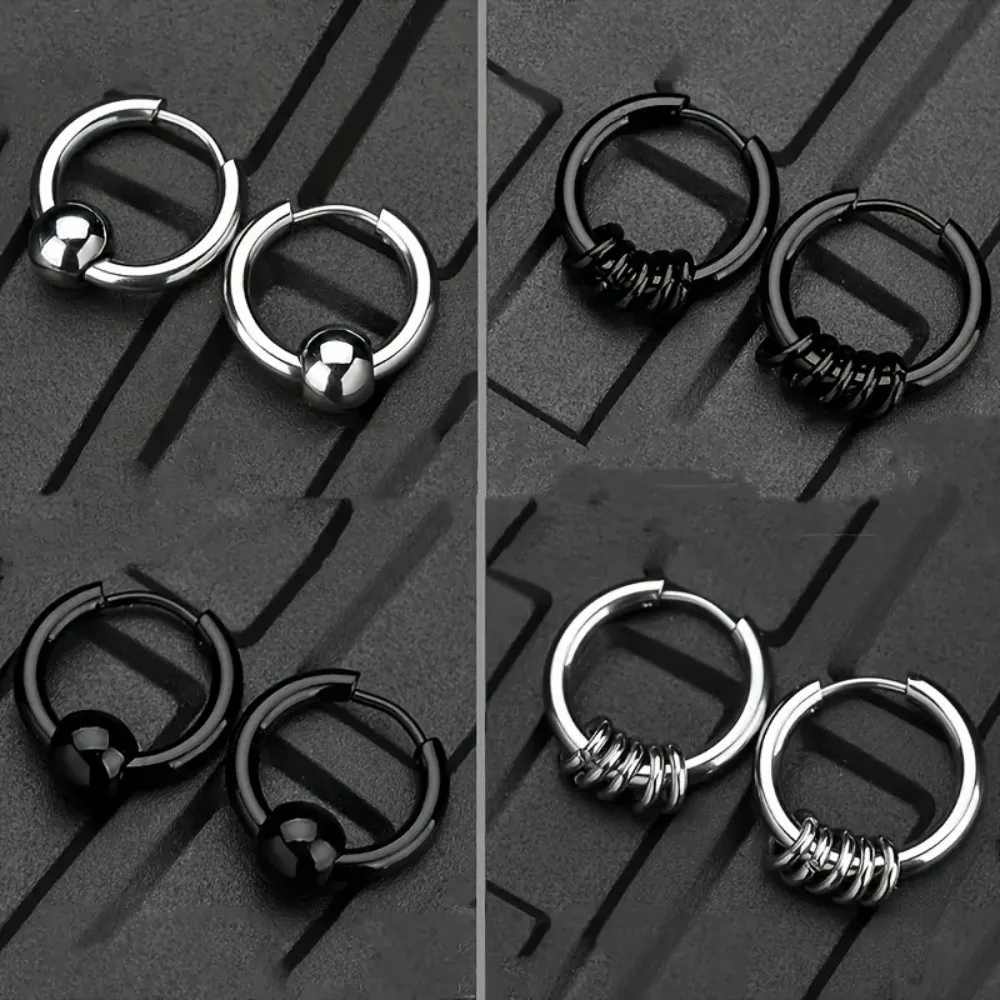 

4 Pairs of Stainless Steel Men's Hip Hop Earrings - Round Beads and Round Ring Style Y2K