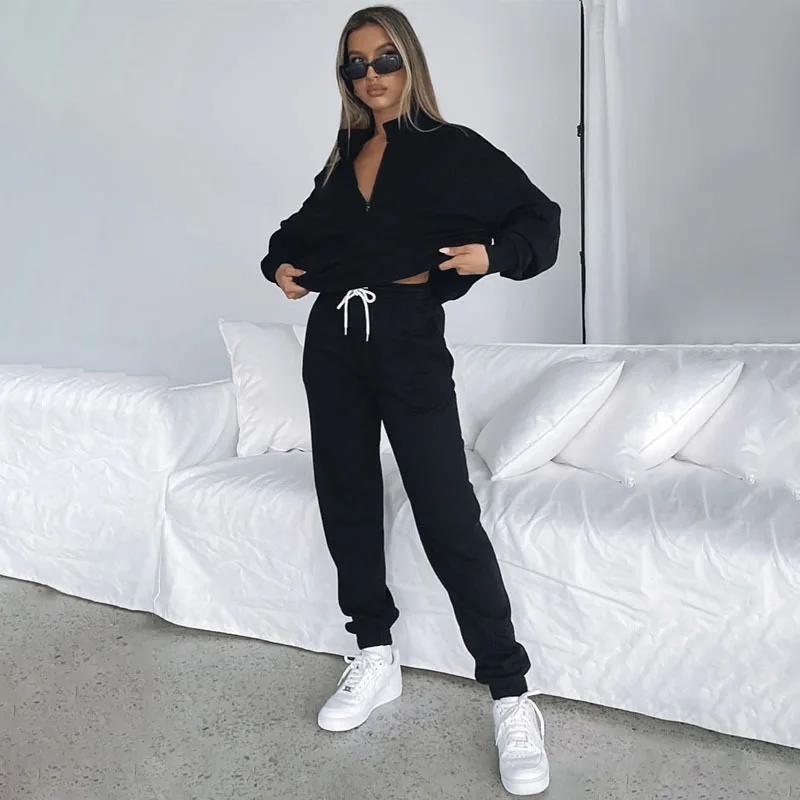 Women 2 Piece Sets Casual Sweatshirt Hoodie Pants Suits Zipper Solid Tracksuit Warm Autumn Winter Clothing Sportswear Joggers