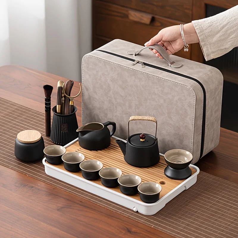 1 Set / 13 Pieces Ceramic Kung Fu Tea Set, Storage Bag for Home Use, Portable Teapot for Outdoor Camping and Travel