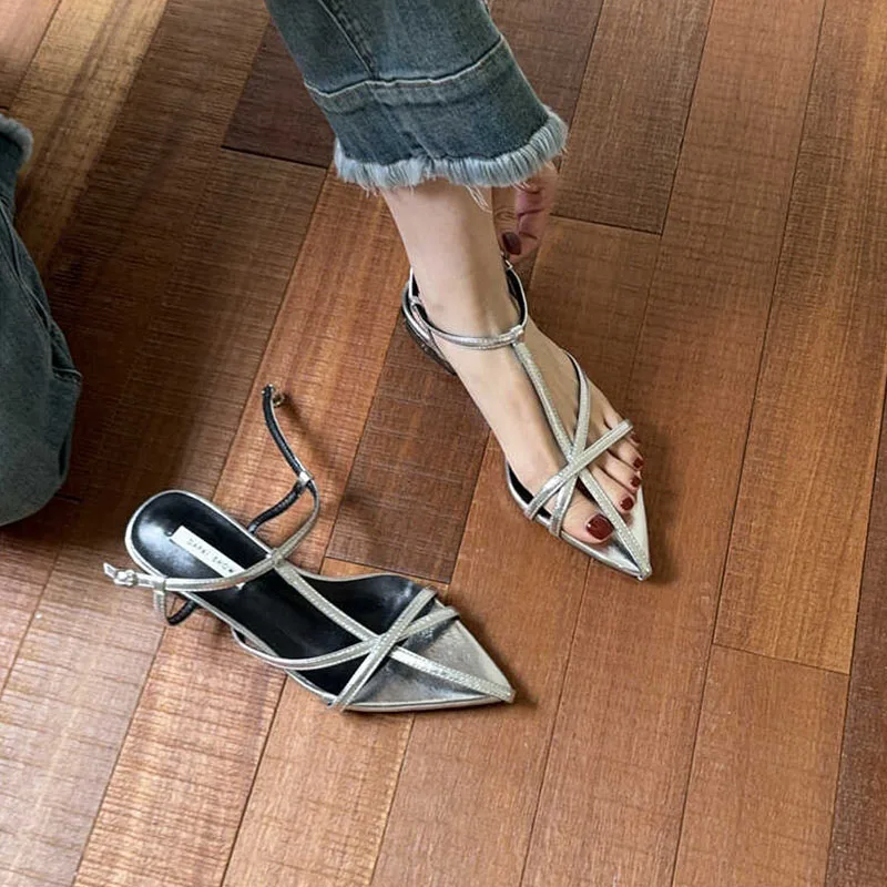 2024 Summer Red Sliver New Brand Women Sandal Fashion Narrow Band Ladies Elegant Dress Gladiator Shoes Pointed Toe Outdoor Slide