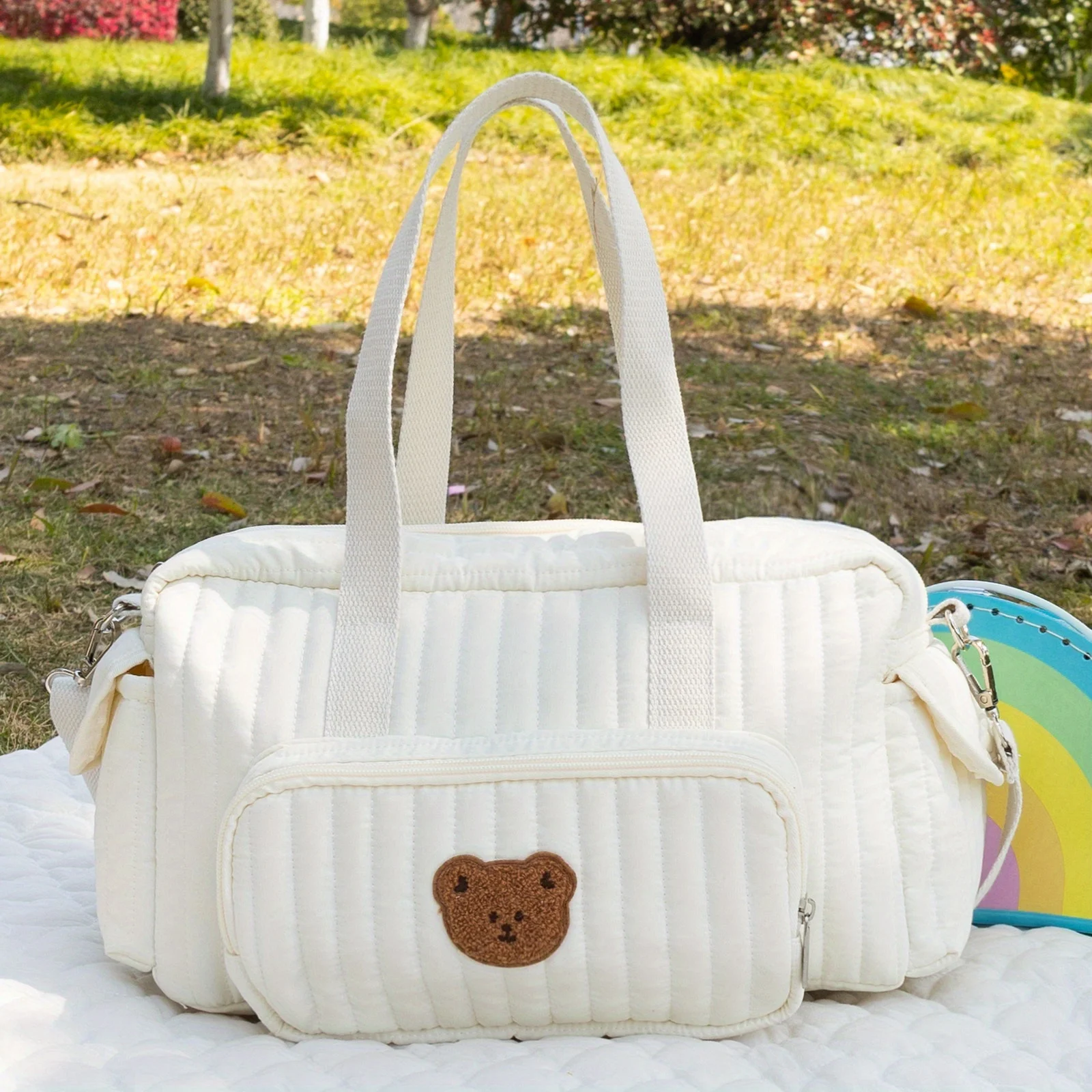 

Mom'S Portable Diaper Bag with Bear Patch Durable Polyester Hand Washable Ideal for Travel and Daily Use Travel Diaper Bag