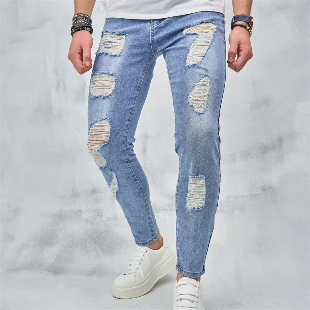 Fashion Skinny Holes Beggar Jeans Men Good Quality Slim Distressed Jogging Biker Denim Pants Male Clothing