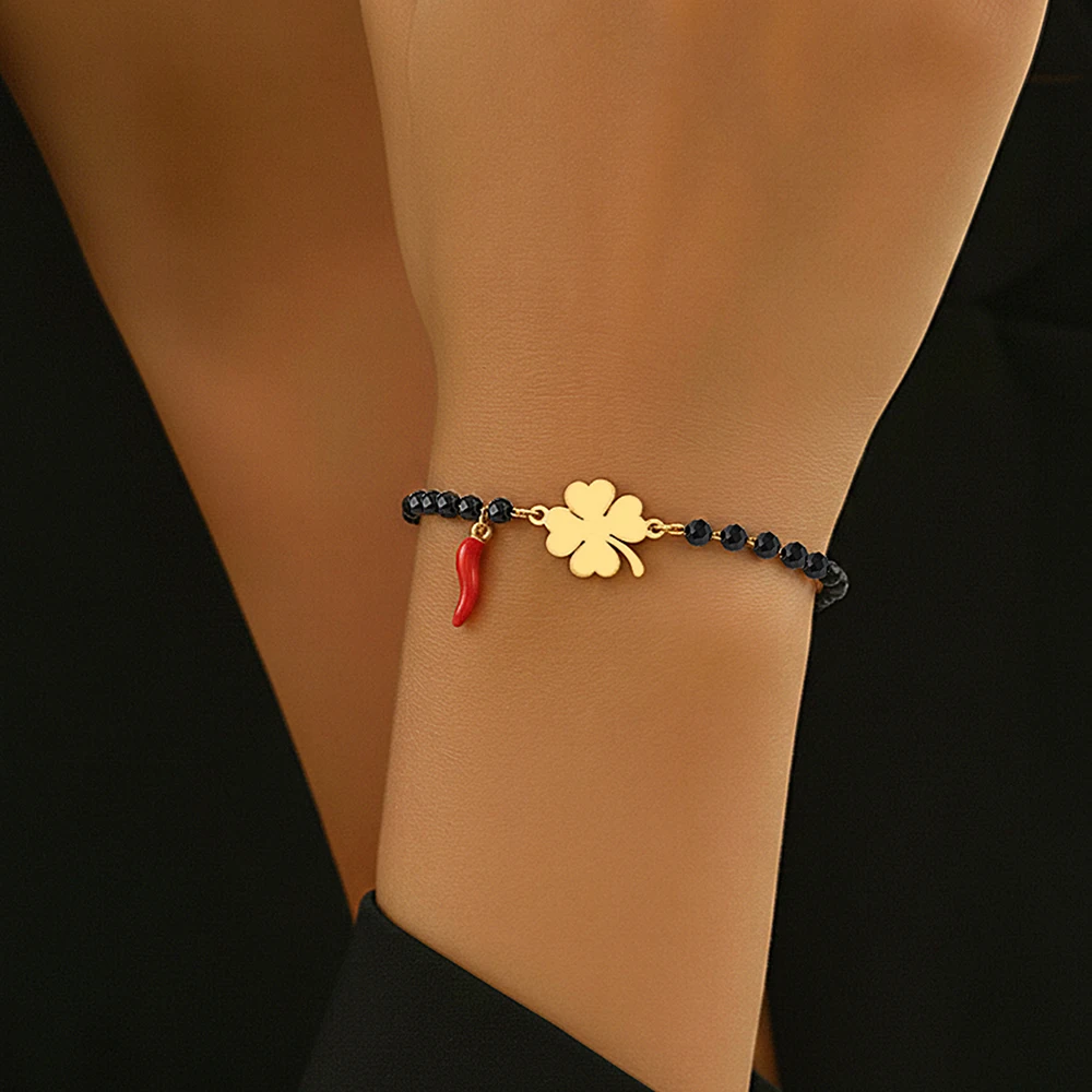 Fashion Stainless Steel Bracelet Lucky Four-Leaf Clover Black Crystal Bracelet Pepper Pendant Couple Bracelet Jewelry Gift