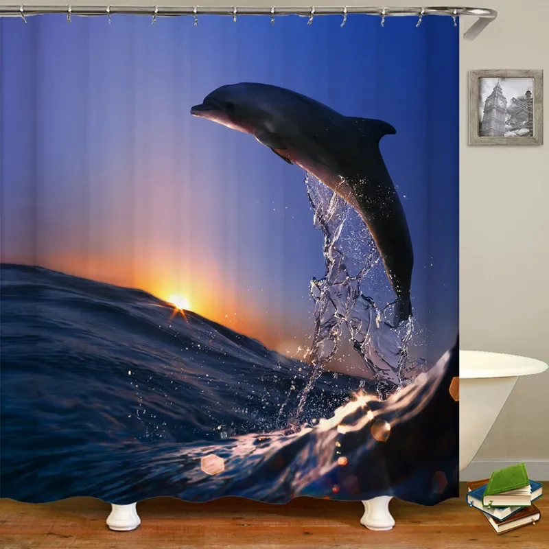 Dolphin Shower Curtain Sea Theme Shower Curtain Hook Washable Dolphin Waterproof 3D Animals Shower Curtain for Bathroom Decor