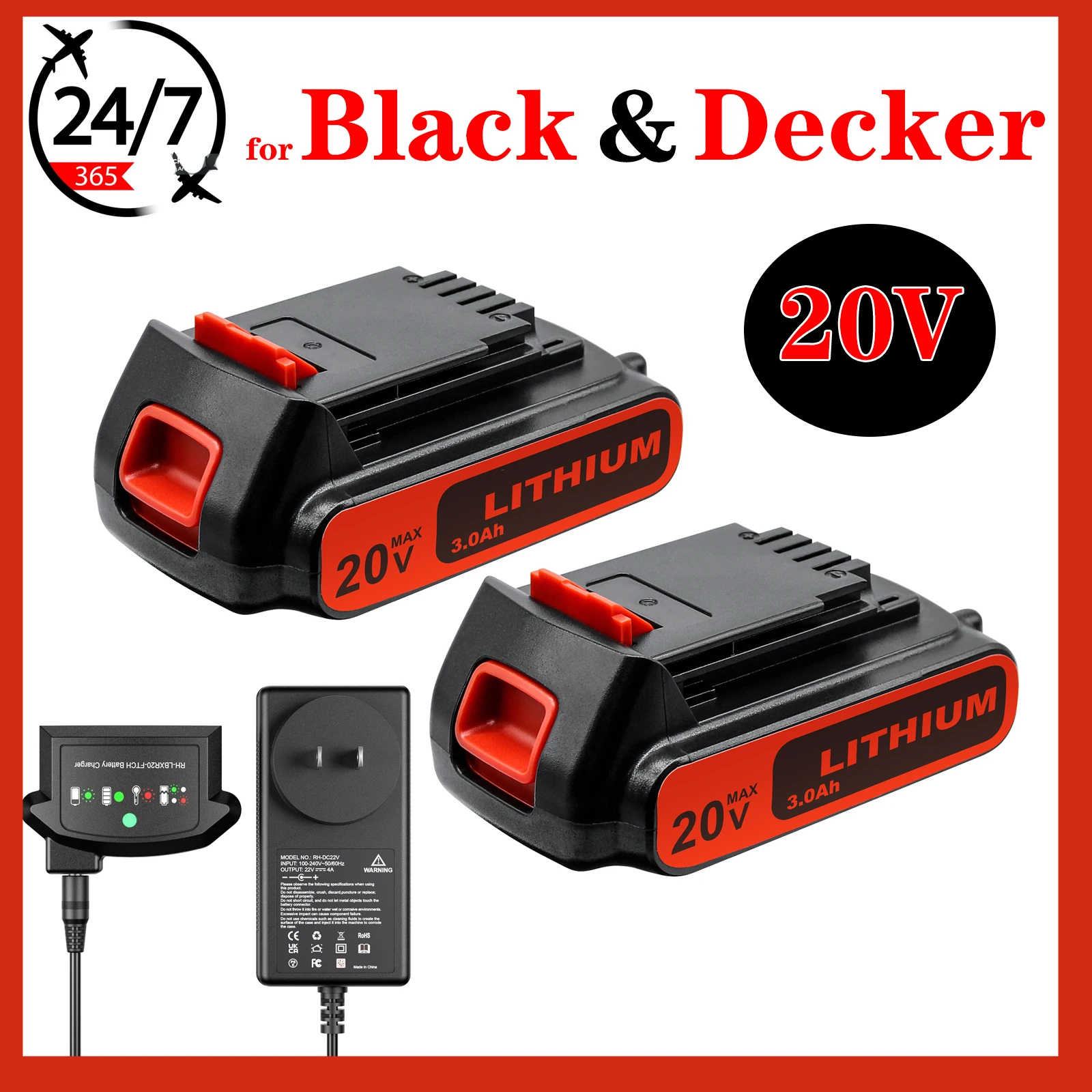 2Pack 20V Lithium-ion Battery for BLACK+DECKER 20 Volt LBXR20 LBX20 LB20 3000mAh