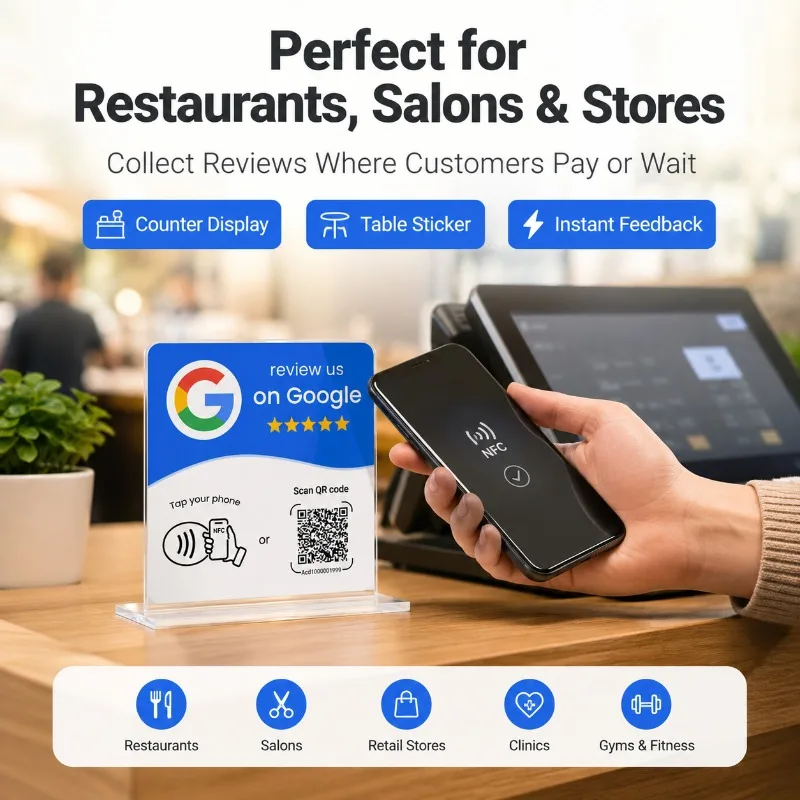 Image of 1/5 Stück NFC Google-Bewertungskarte mit dynamischem QR-Code, NTAG215 Tap-Aufkleber, selbstklebendes Feedback-Schild für Restaurants und Geschäfte