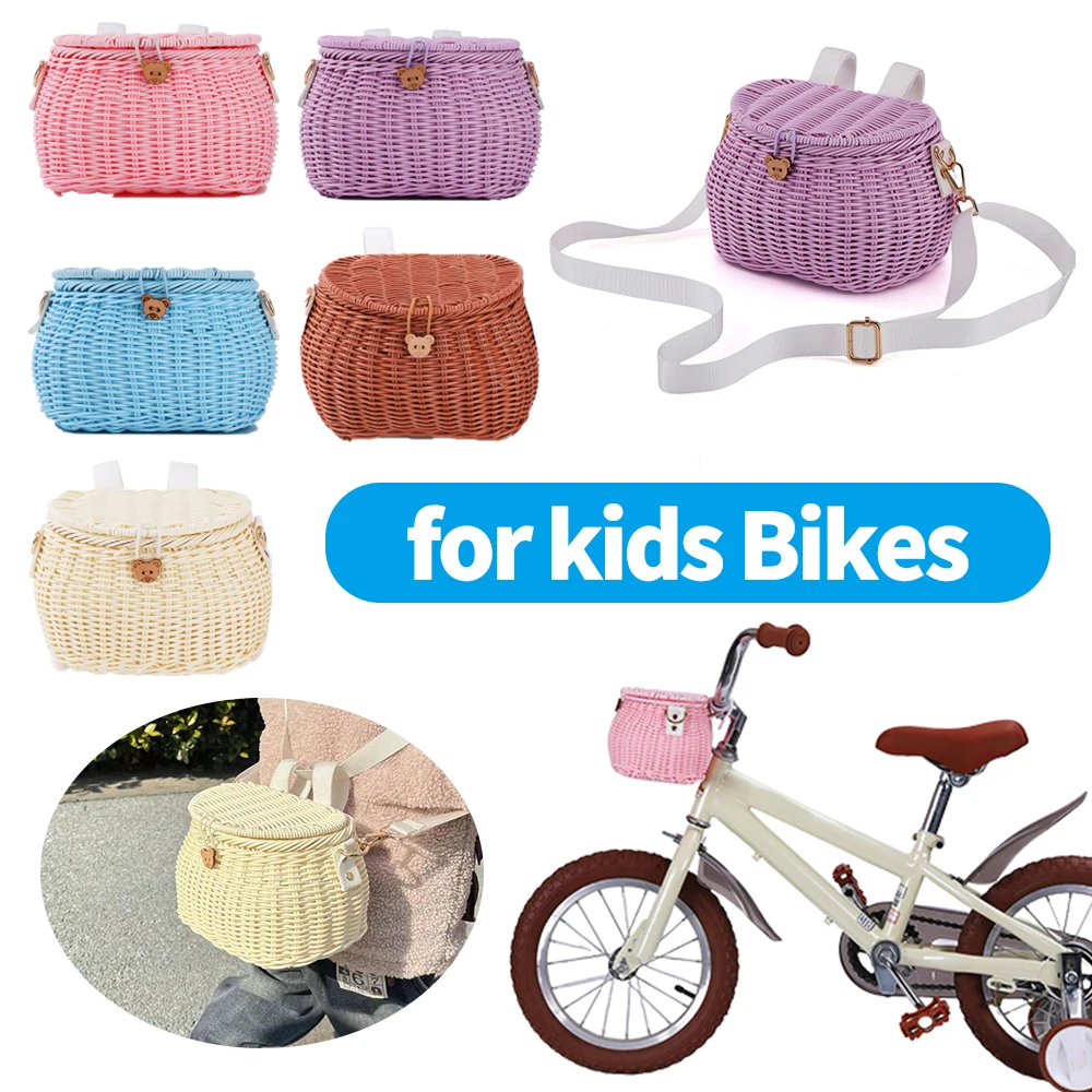 

Bicycle Basket Rattan Woven Handlebar Basket Backpack with Lid Bike Scooter Pannier Adjustable Leather Straps Bicycle Accessorie