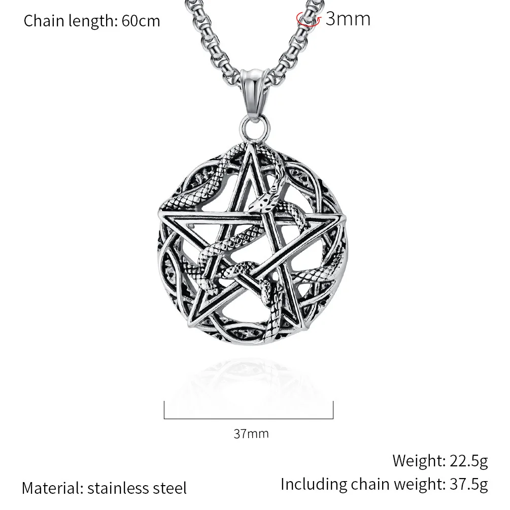 Vintage Python Entwined Pentagram Pendant,Devil Satan Hexagram Stainless Steel Necklace,Men Punk Jewelry