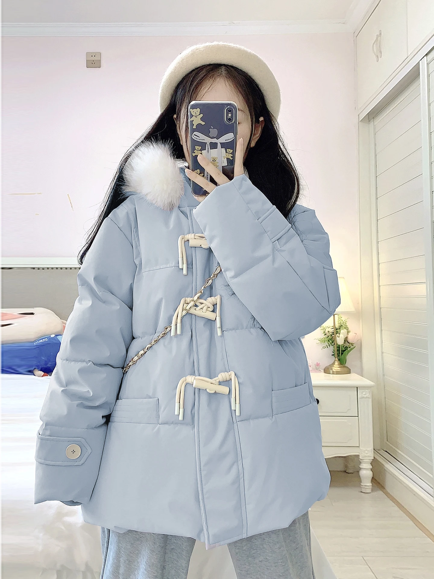 Blue Thiened down Jaet Women's Winter Warm Coat Fur Collar Windproof Outerwear College Sle Loose Fit Polyester Fiber