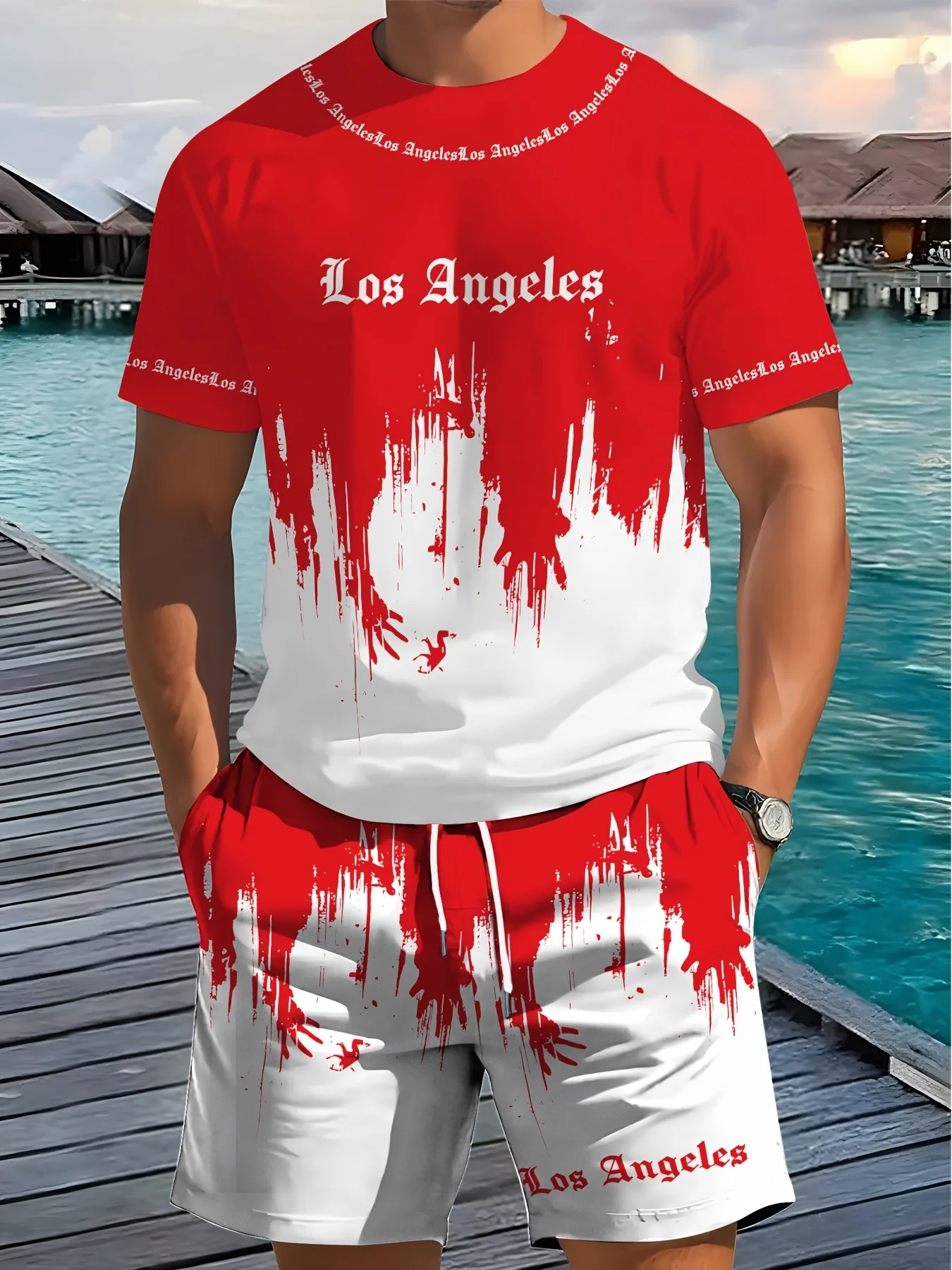 

Summer Hot Selling Men's Los Angeles Printed Short Sleeved Shorts Set, Daily Outdoor Casual Breathable Thin Polyester Set