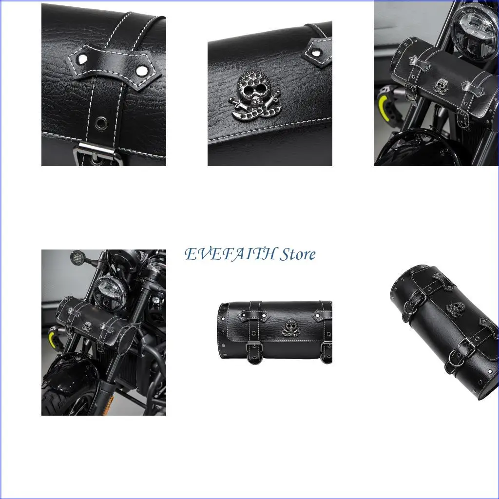124B Front Fork Handlebar Bag Motorcycle Front Bag Tool Bag Skull Pattern Saddlebag PU Storage Motorbike Tool Bag