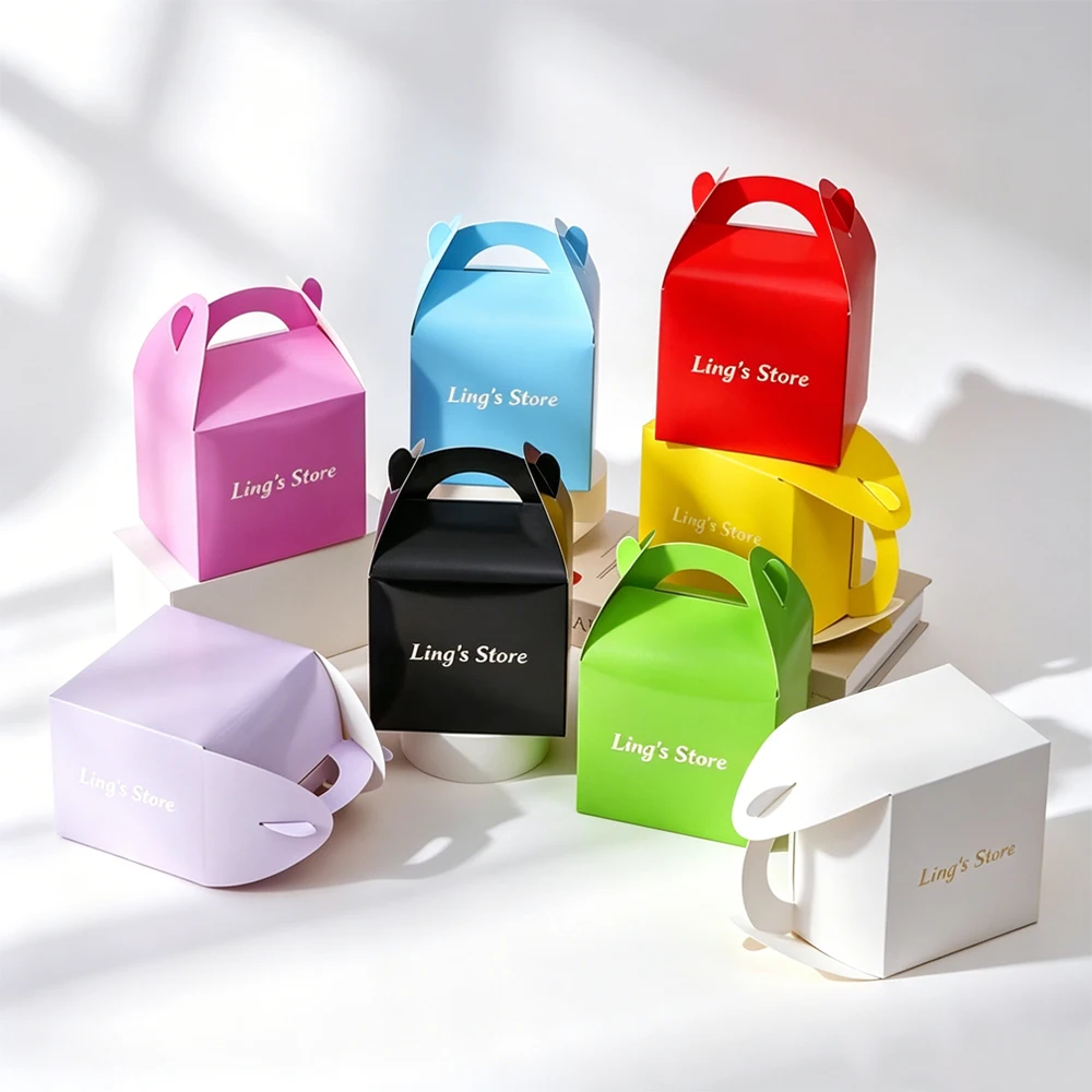 50/100 Stück Personalisierte Logo-Geschenktüten 14x11x12,5cm mit Papiergriff für Schmuck, Kuchen, Brot, DIY-Boxen, Hochzeitsgeschenke, Süßigkeiten-Handtaschen – Detail 1