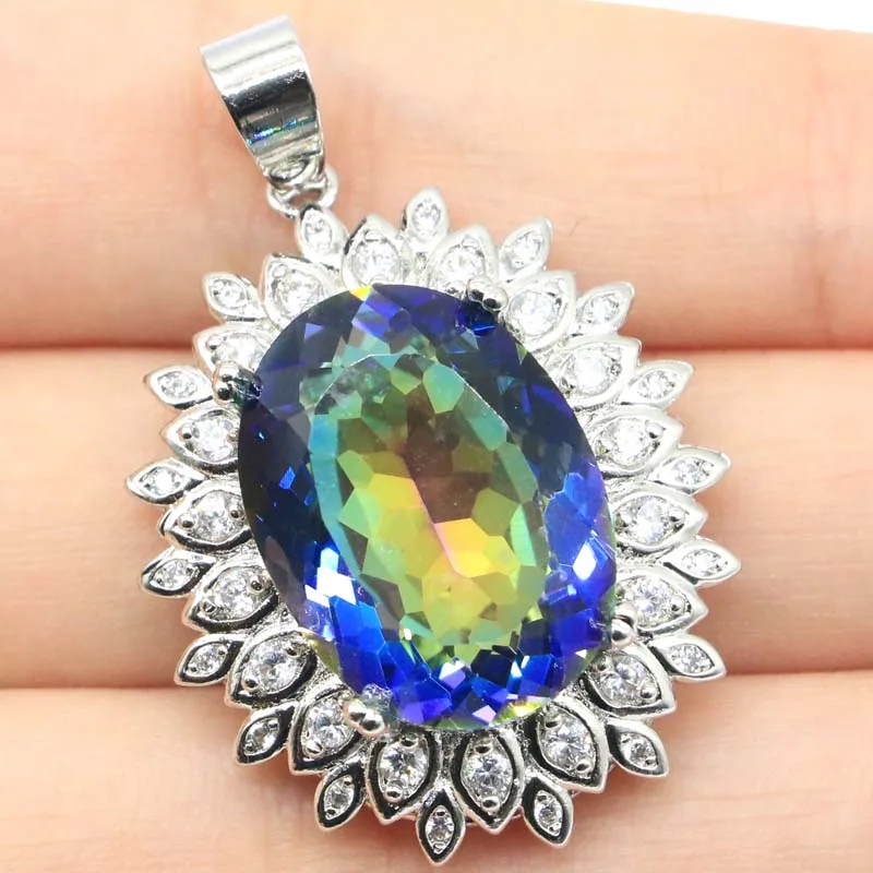 

7.5g 925 Solid Sterling Silver Pendant Customized Rainbow Mystic Topaz Kunzite London Blue Topaz CZ