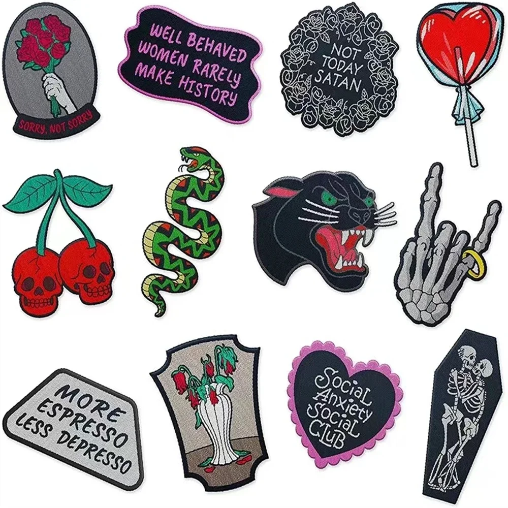 Patch for Clothing Sewing Stickers Iron On Patches Punk Skeleton Embroidery Fusible Applique Badge Backpack Decoration Stripe