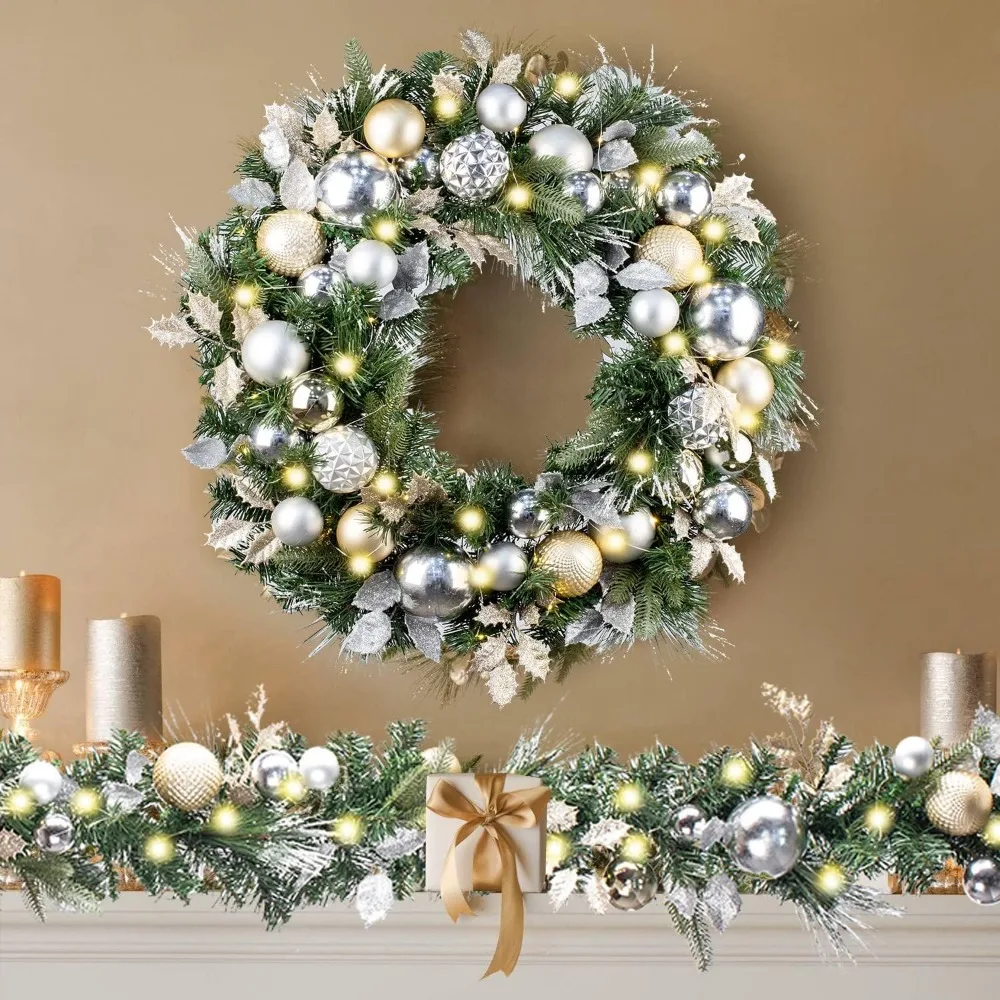 

Pre-Lit 30 Inch Large Christmas Wreath for Front Door with 50 Led Lights,Champagne Gold Lighted Christmas Door Wreath