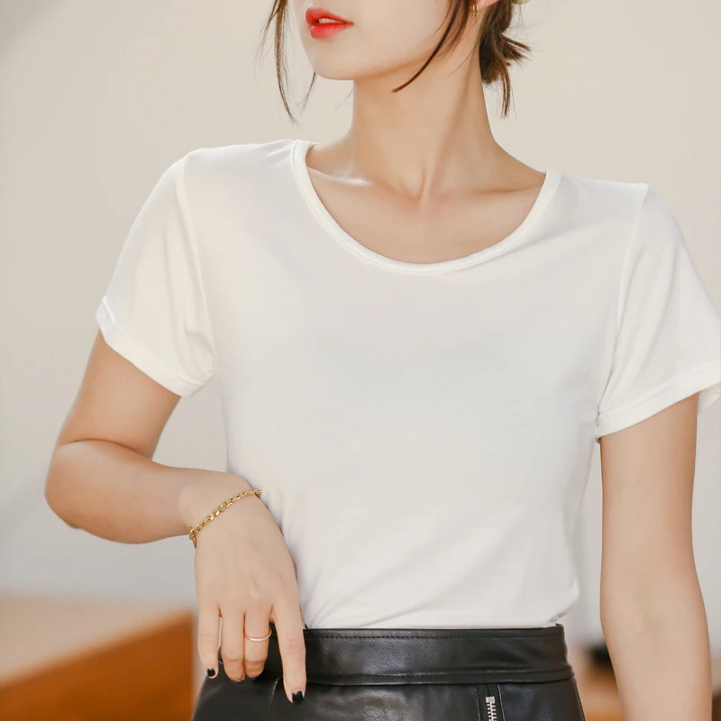 Modal Short-sleeved T-shirt Female Summer Round Neck Loose Half-sleeved Solid Colour Blouse Tide Inside Take Outside Wear Korean