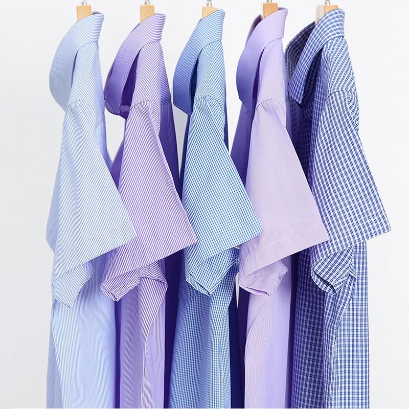 Men‘s Short Sleeve Shirt Business Casual Classic Plaid Striped Checked Male Social Dress Shirts Blue Purple 6XL Plus Large Size