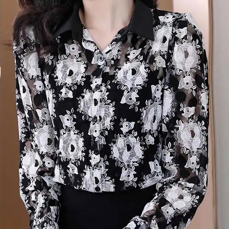 Female Clothing Floral Lace Blouse Gauze Fashion Single-breasted Spring Autumn Turn-down Collar Commute Long Sleeve Korean Shirt