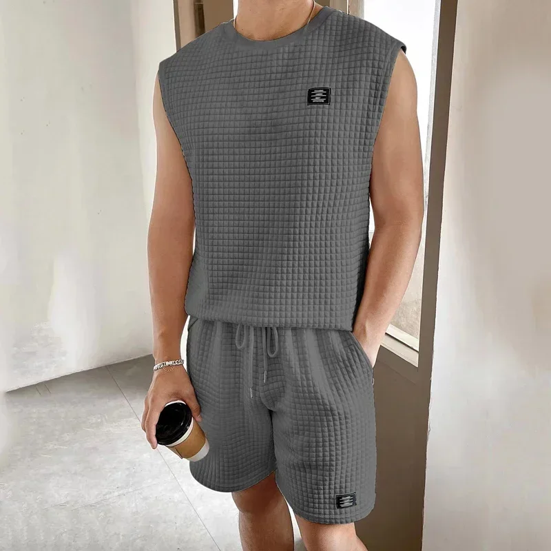 Summer New Suit Men Sleeveless Vest + Shorts Two Pieces Set Casual Sports Suit Male Fashion Trend Solid Color Jacquard Outfits